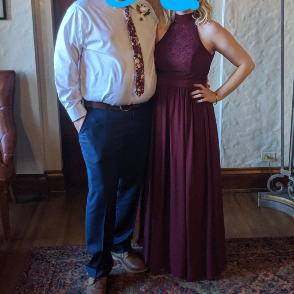 Wine Lace/Chiffon Halter long Azazie bridesmaid gown size A10